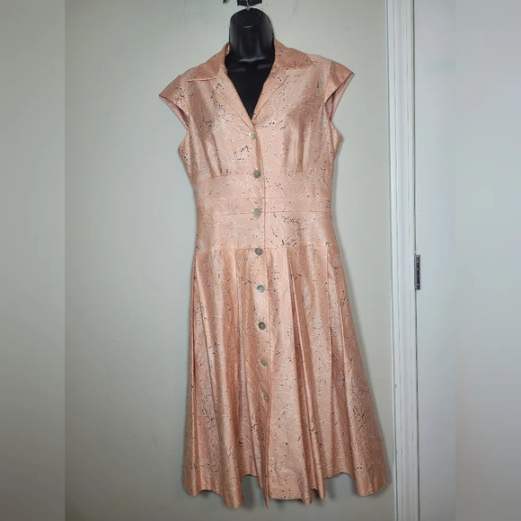 Vintage Liz Claiborne Pink Retro Mother of Pearl Fit N Flare Dress sz 10 - Picture 1 of 9